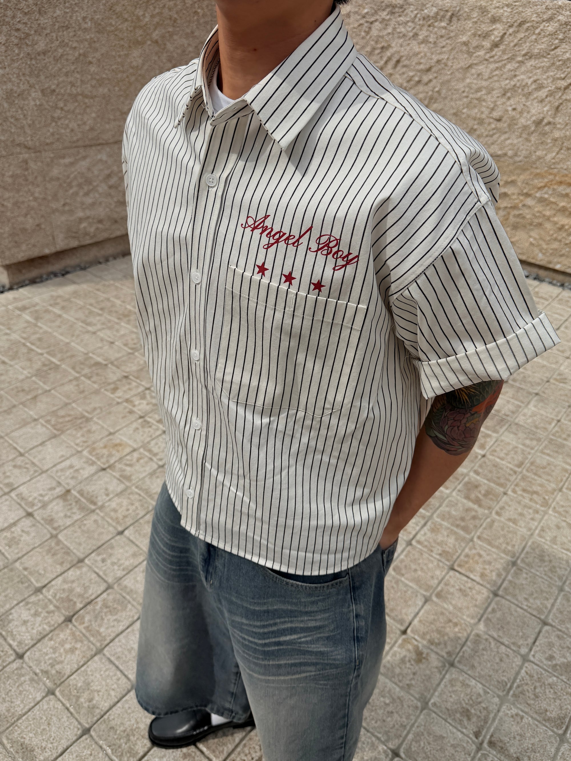 美潮條紋短版襯衫