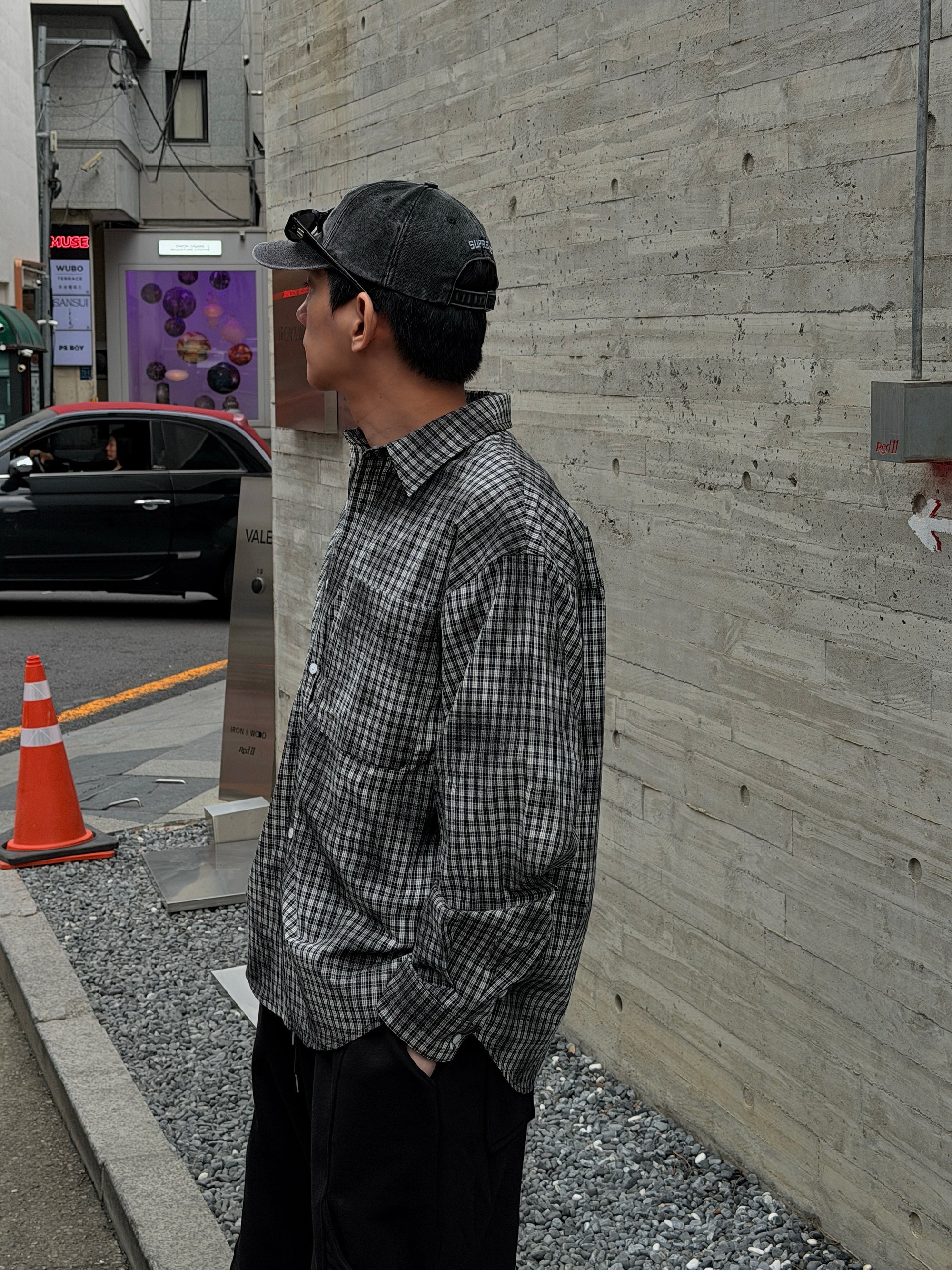 刷霧Oversize工裝格紋襯衫