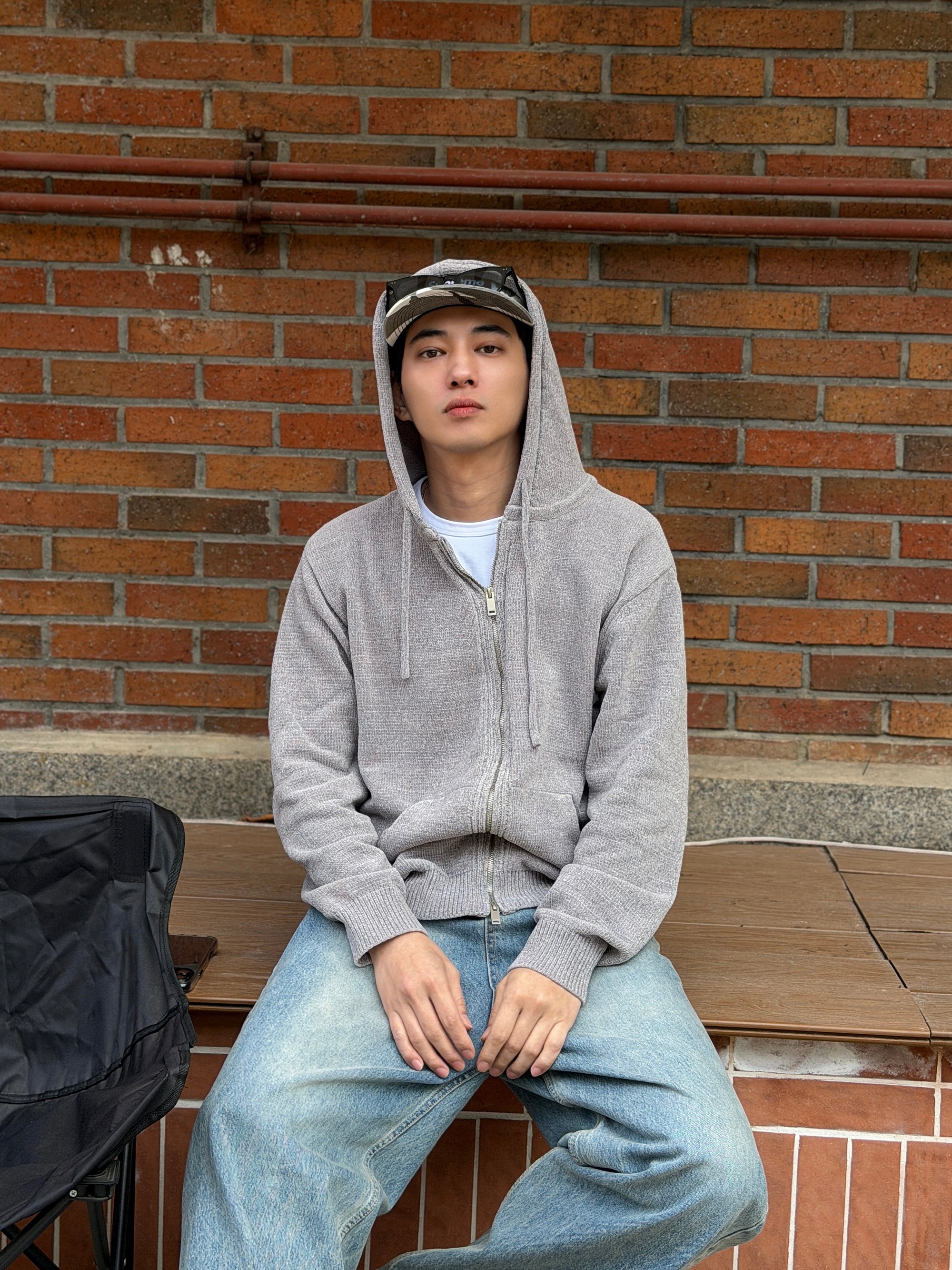 灰色針織雙拉鍊連帽外套