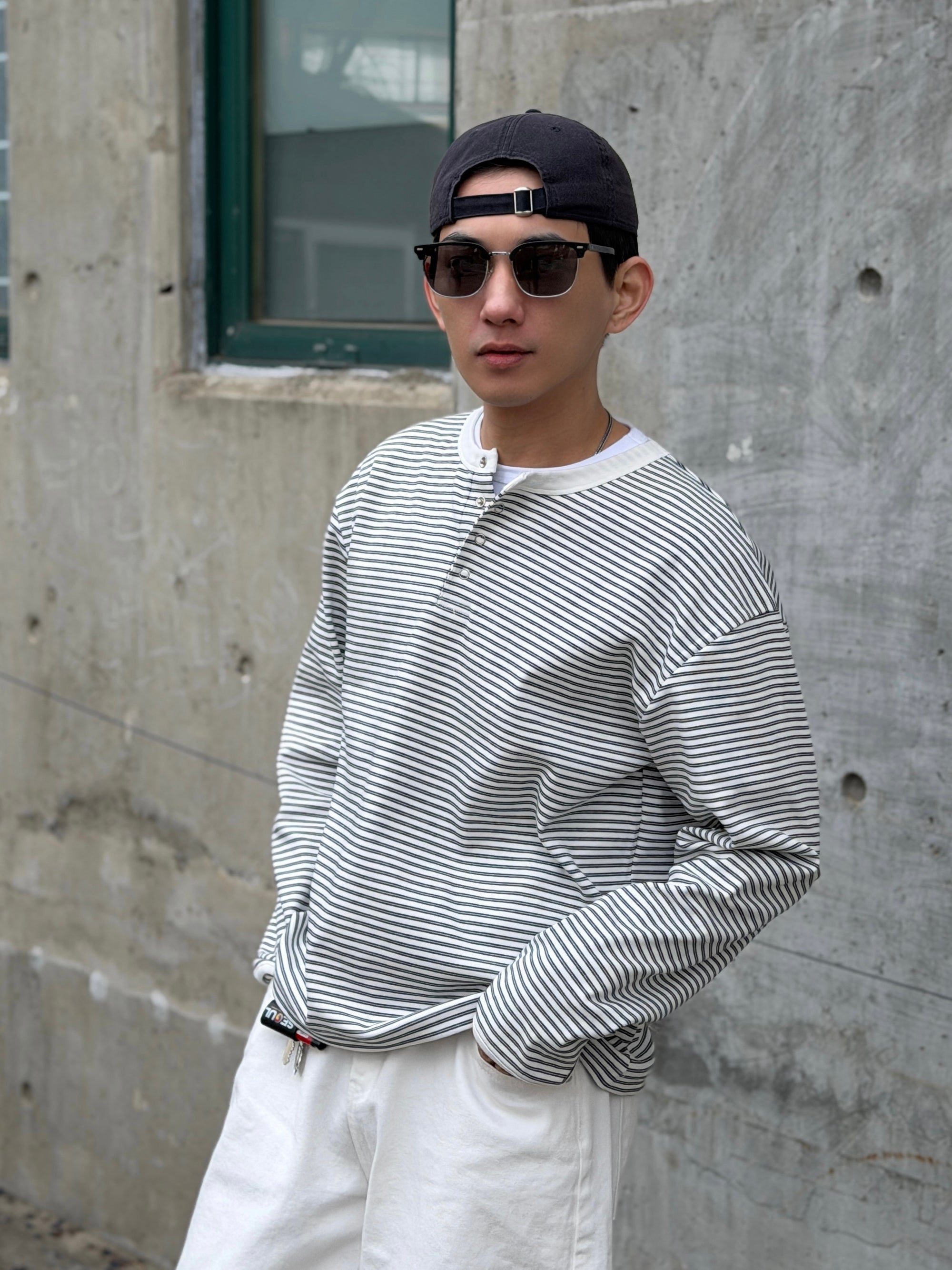 韓系亨利領條紋上衣