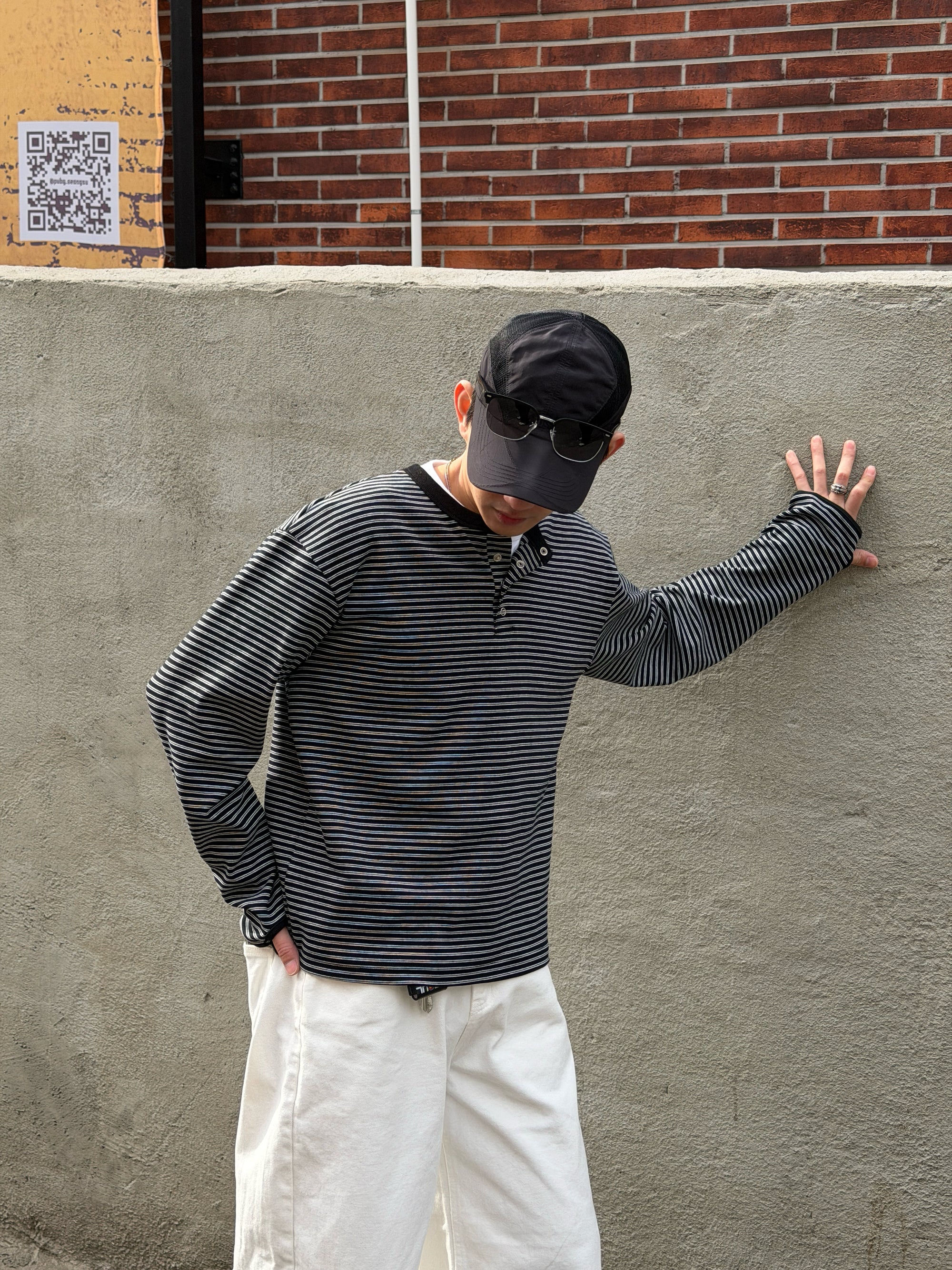 韓系亨利領條紋上衣