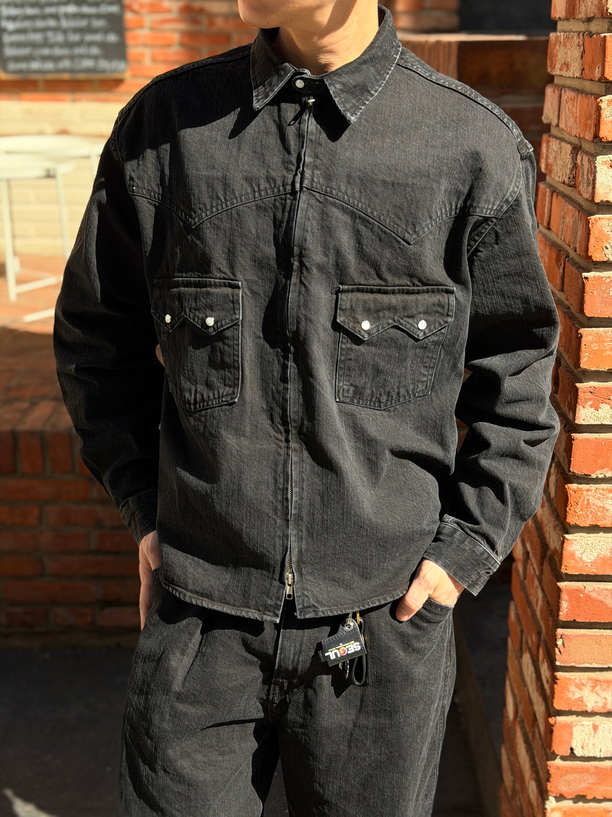 水洗雙拉鍊牛仔夾克