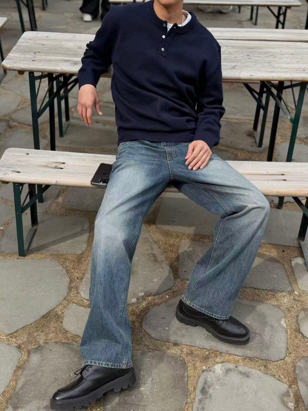 修身直筒水洗牛仔褲