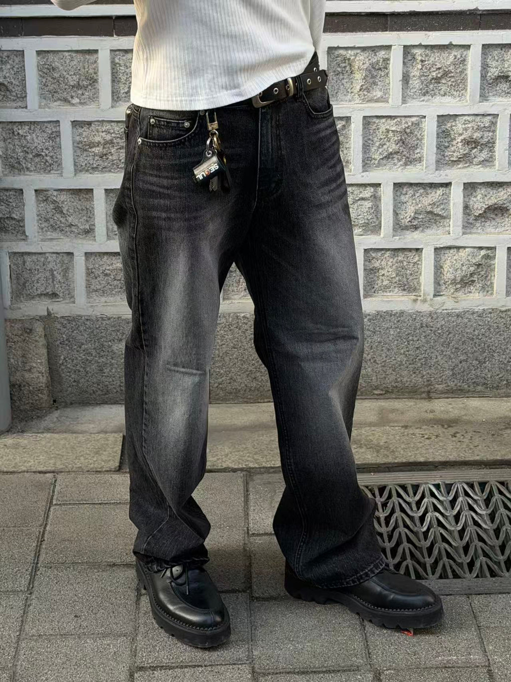 修身直筒水洗牛仔褲