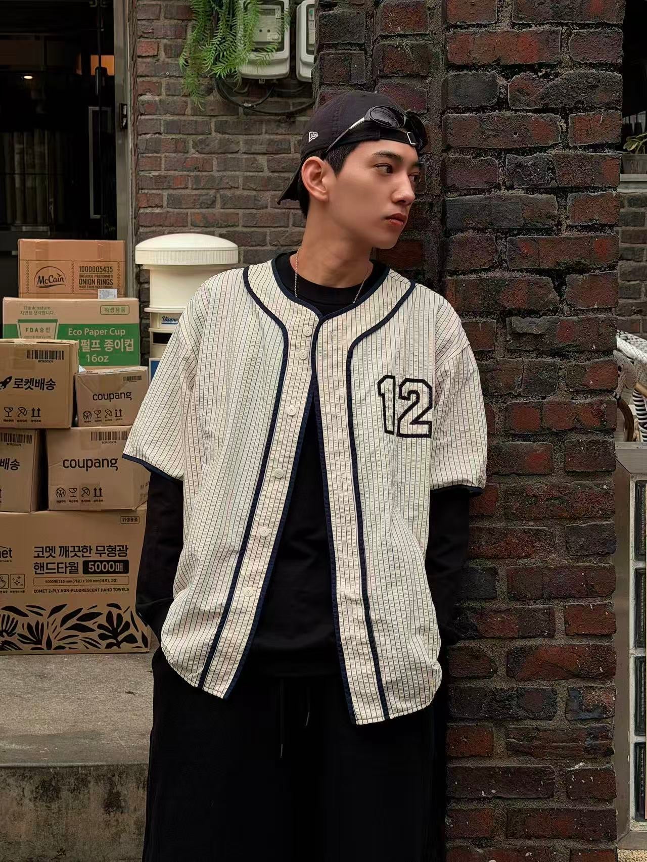 韓系復古條紋棒球襯衫