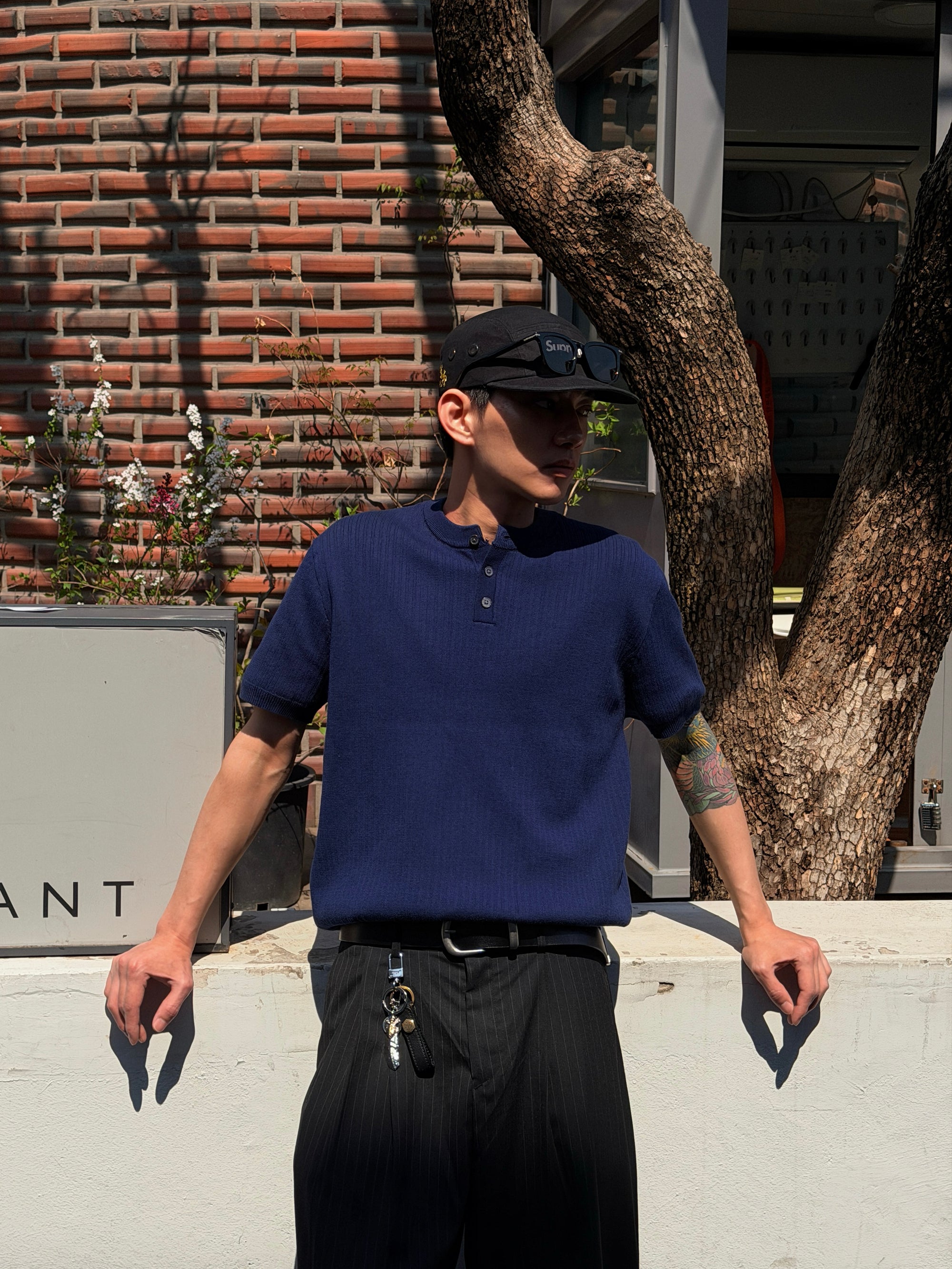 細紋亨利領針織短衣