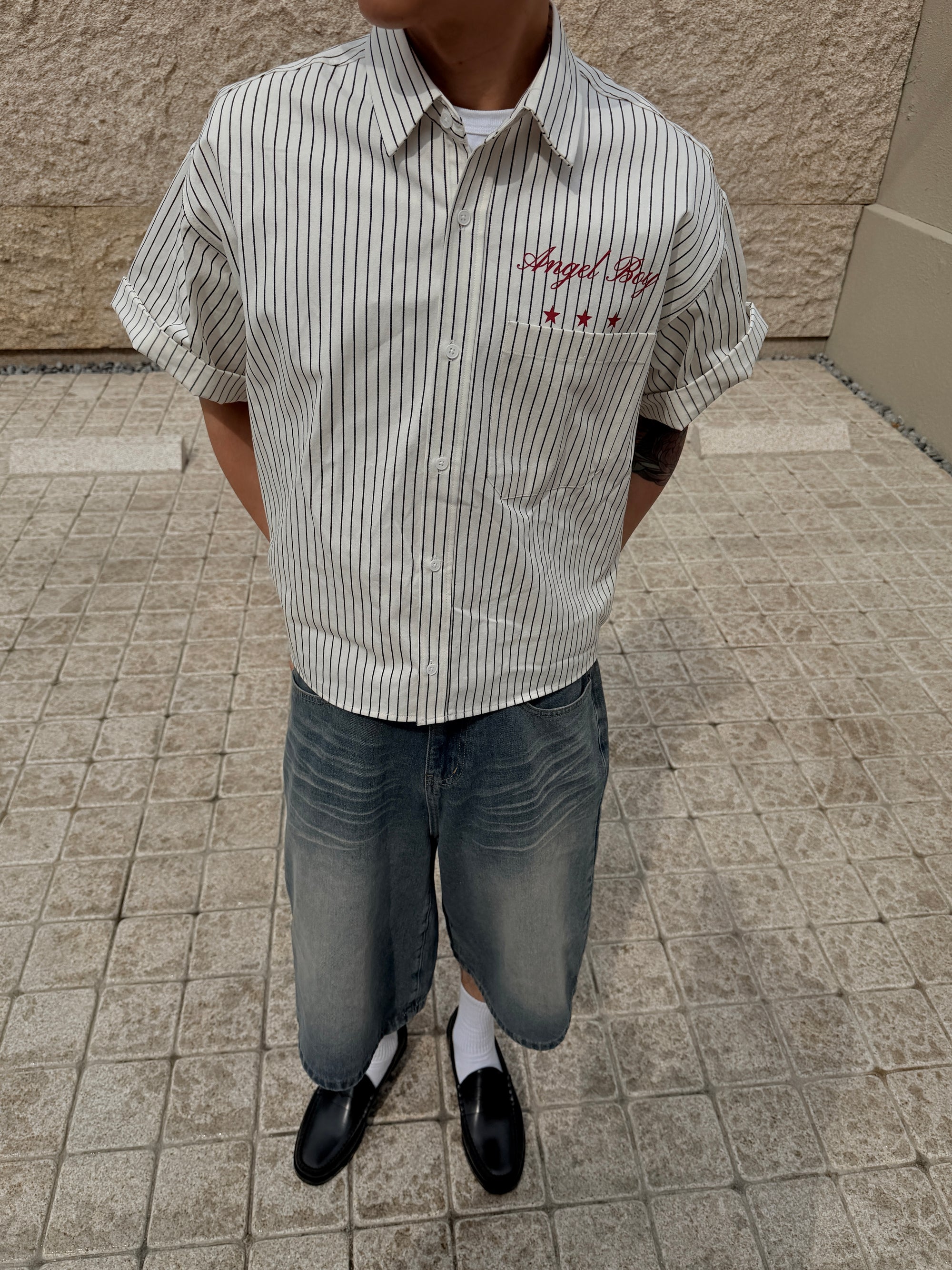 美潮條紋短版襯衫