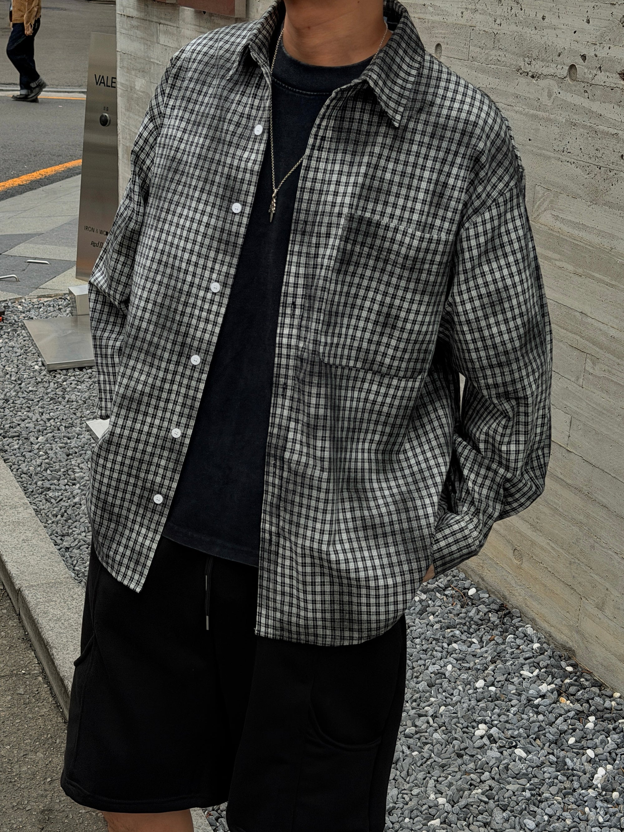 刷霧Oversize工裝格紋襯衫