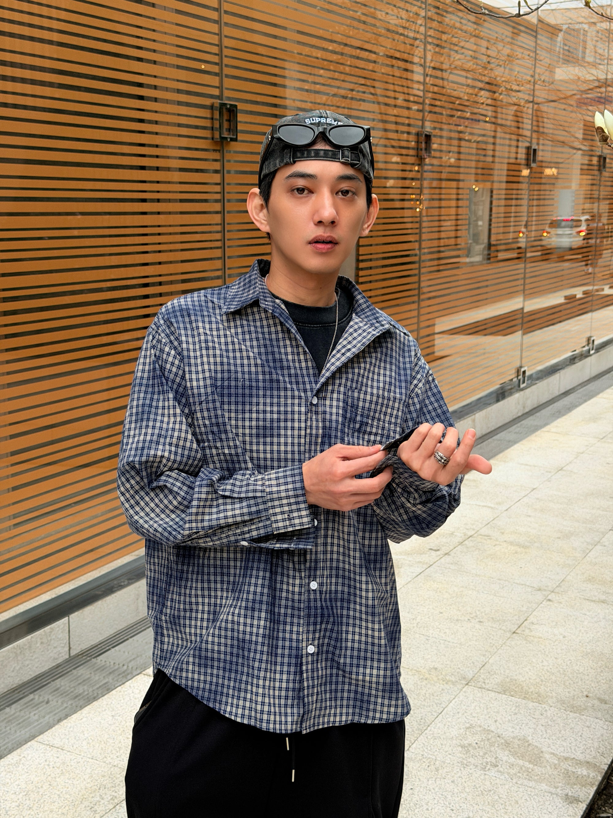 刷霧Oversize工裝格紋襯衫