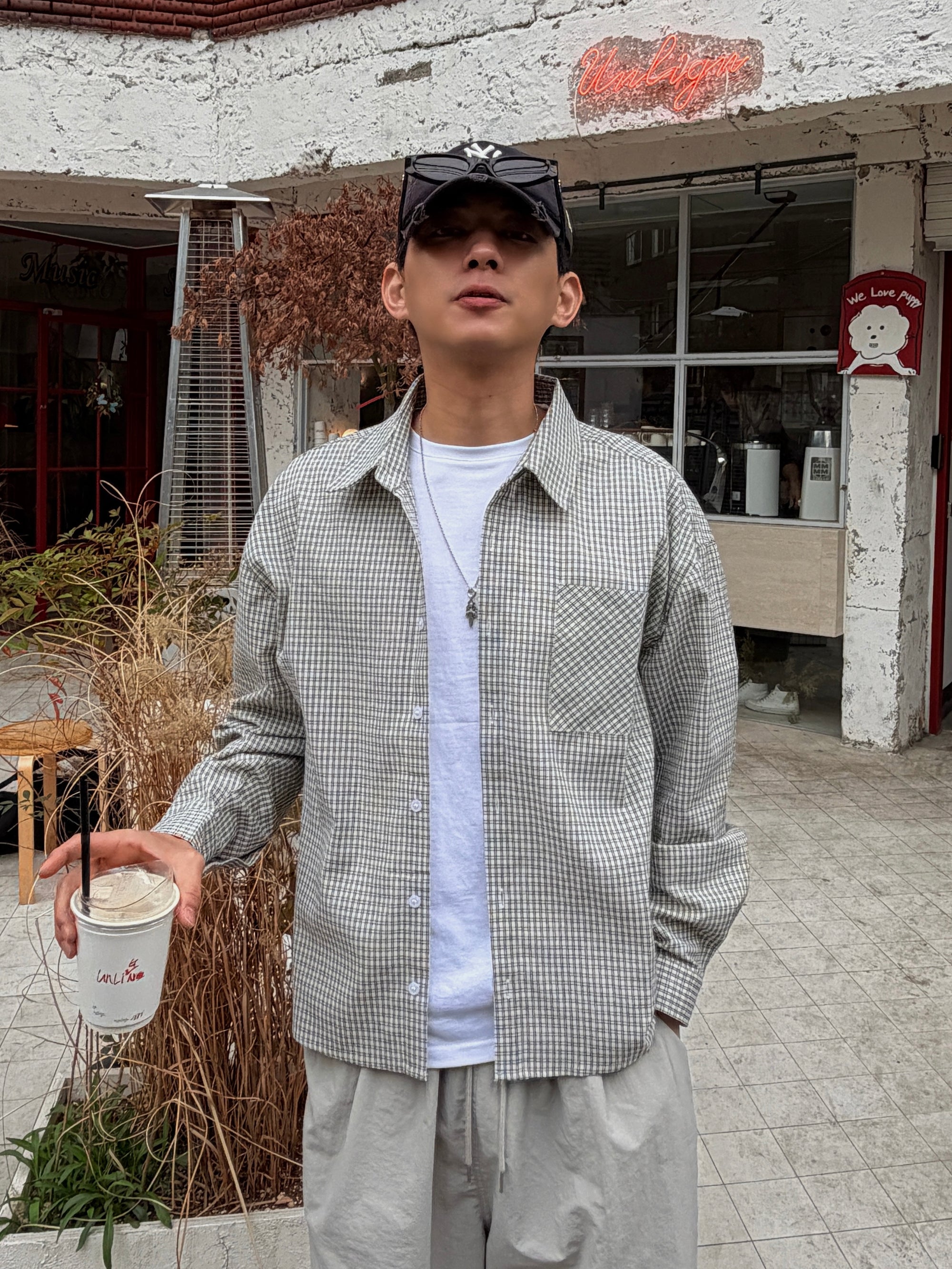 韓系奶油格紋襯衫