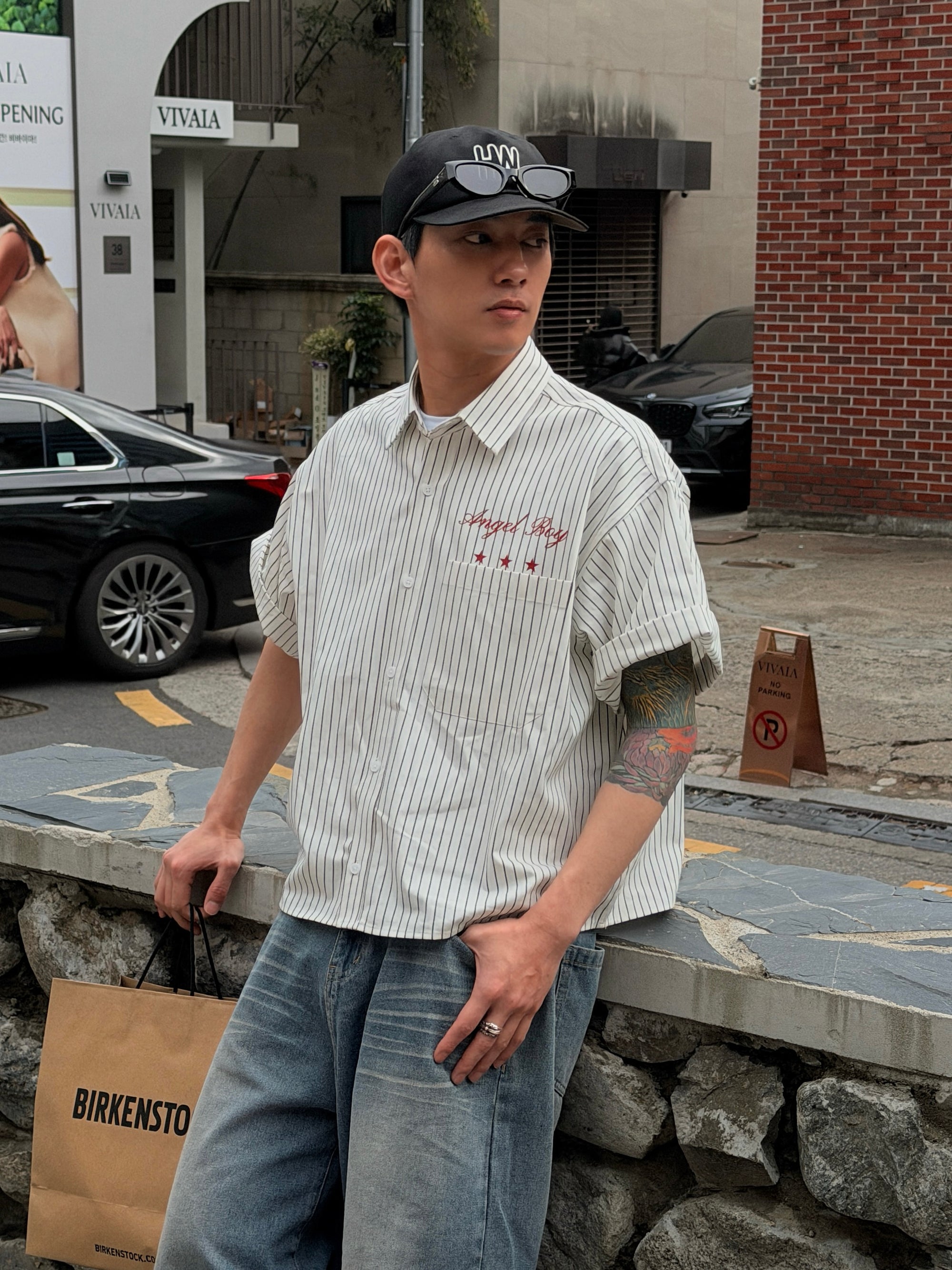 美潮條紋短版襯衫