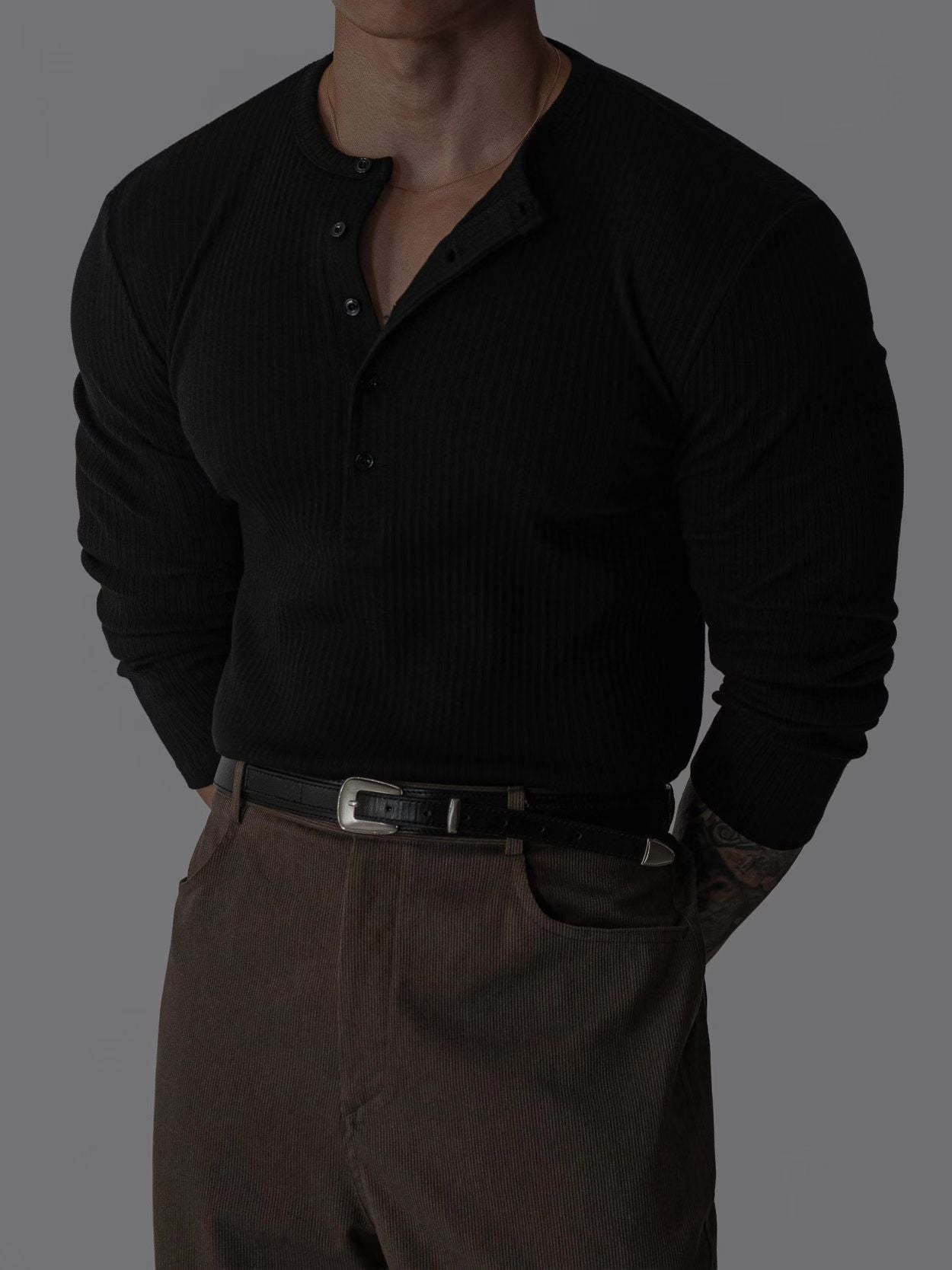 亨利領合身羅紋長袖