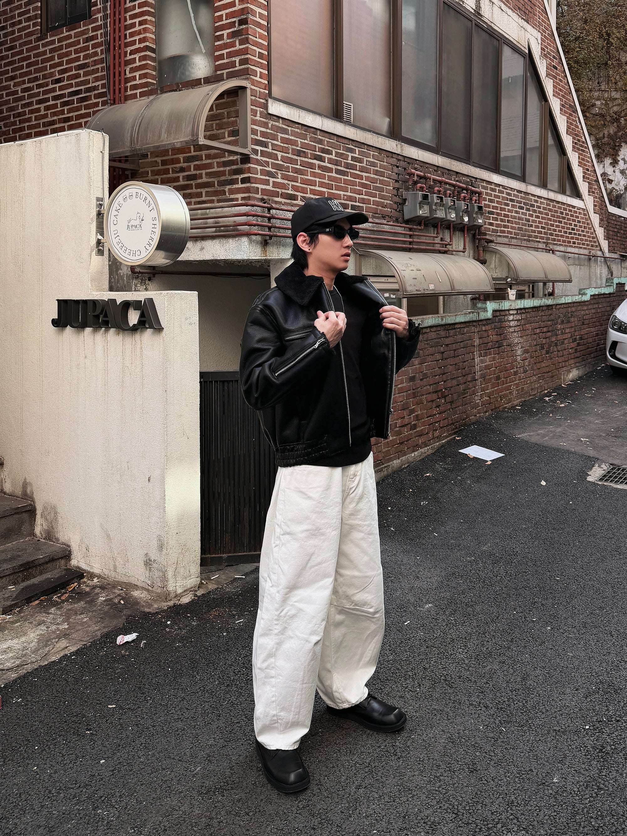 羊羔毛皮革飛行夾克