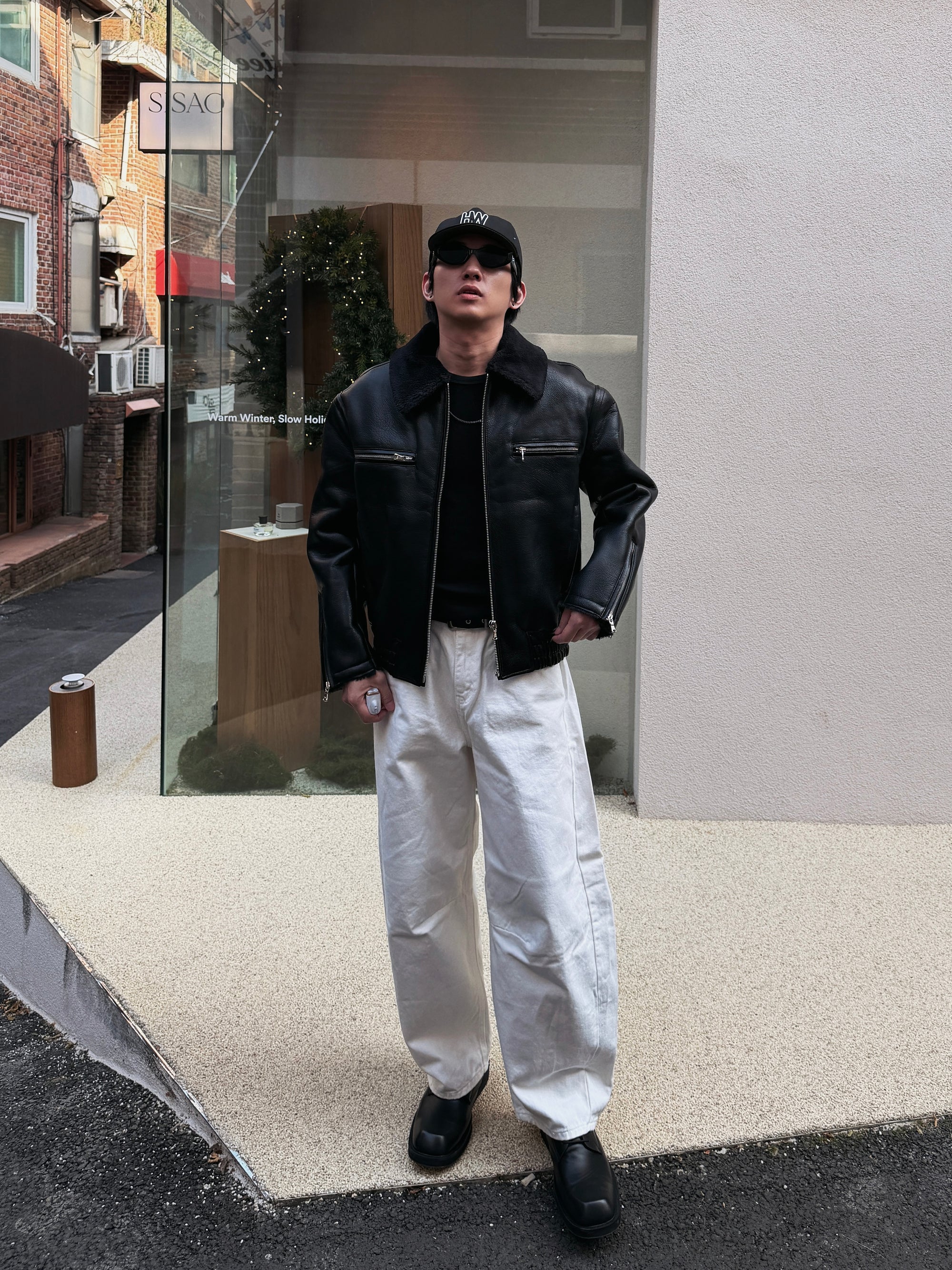 羊羔毛皮革飛行夾克