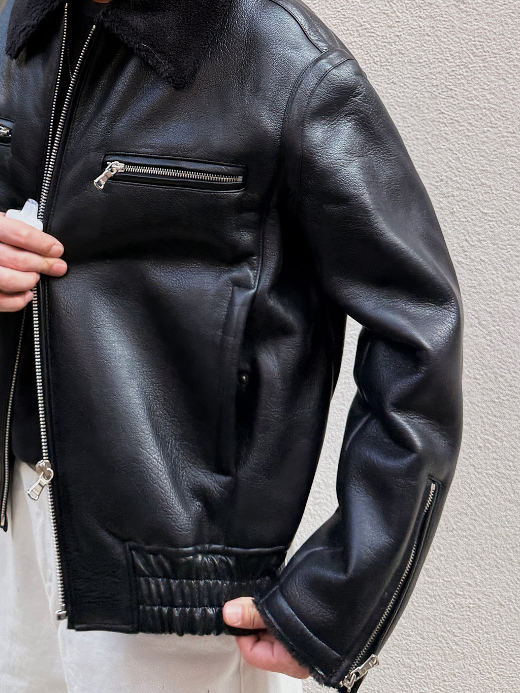 羊羔毛皮革飛行夾克