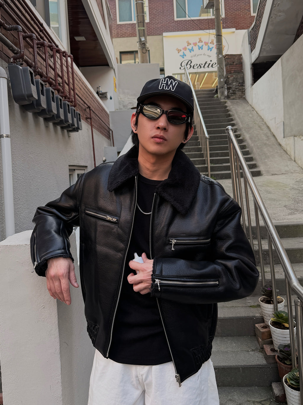 羊羔毛皮革飛行夾克