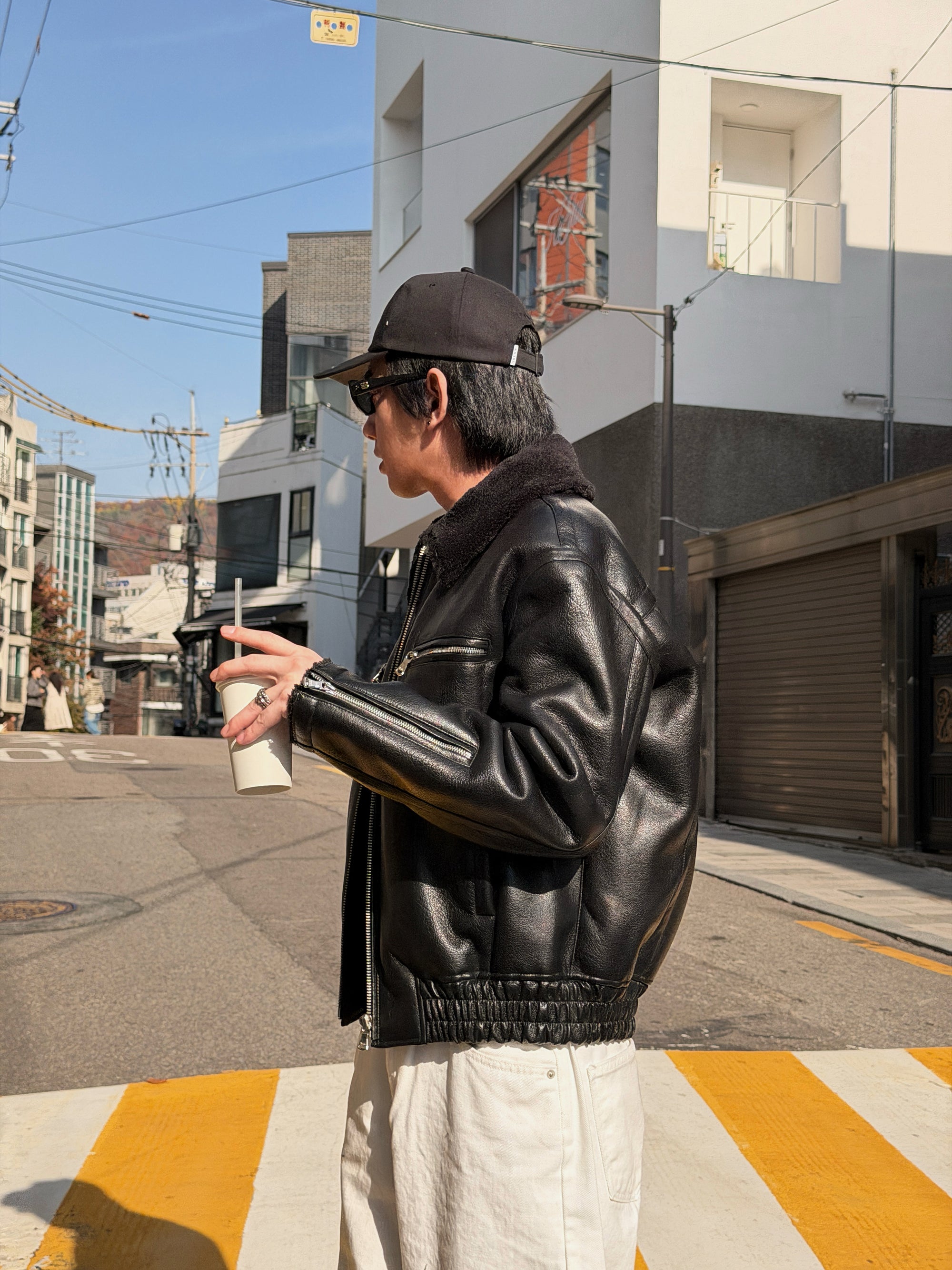 羊羔毛皮革飛行夾克