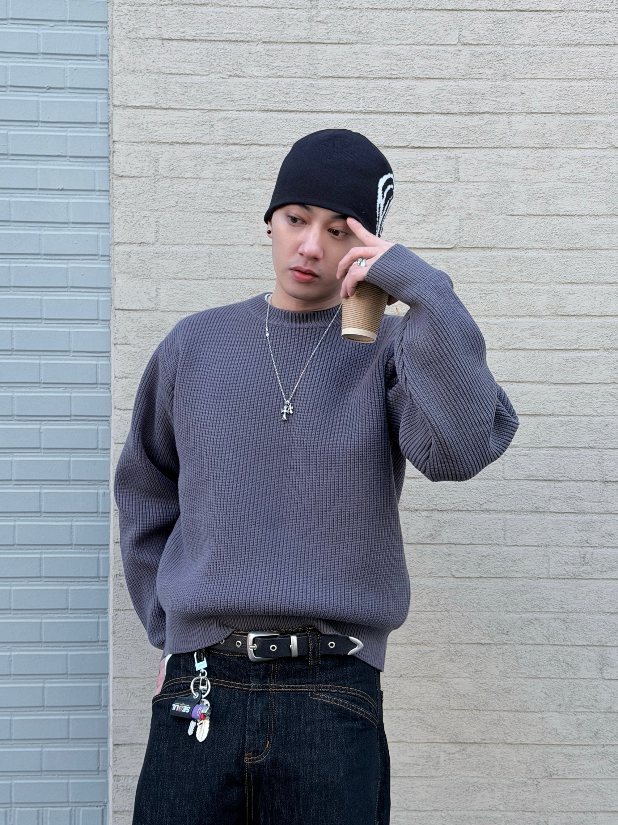 寬鬆廓形羅紋針織毛衣