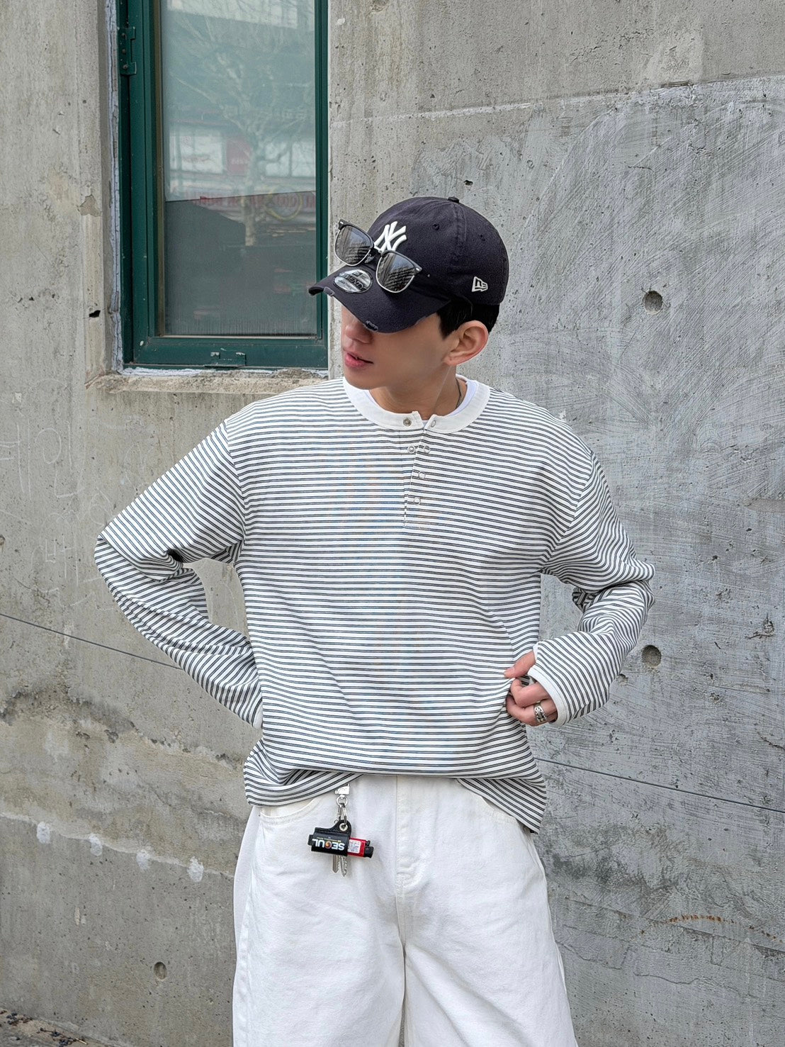 韓系亨利領條紋上衣