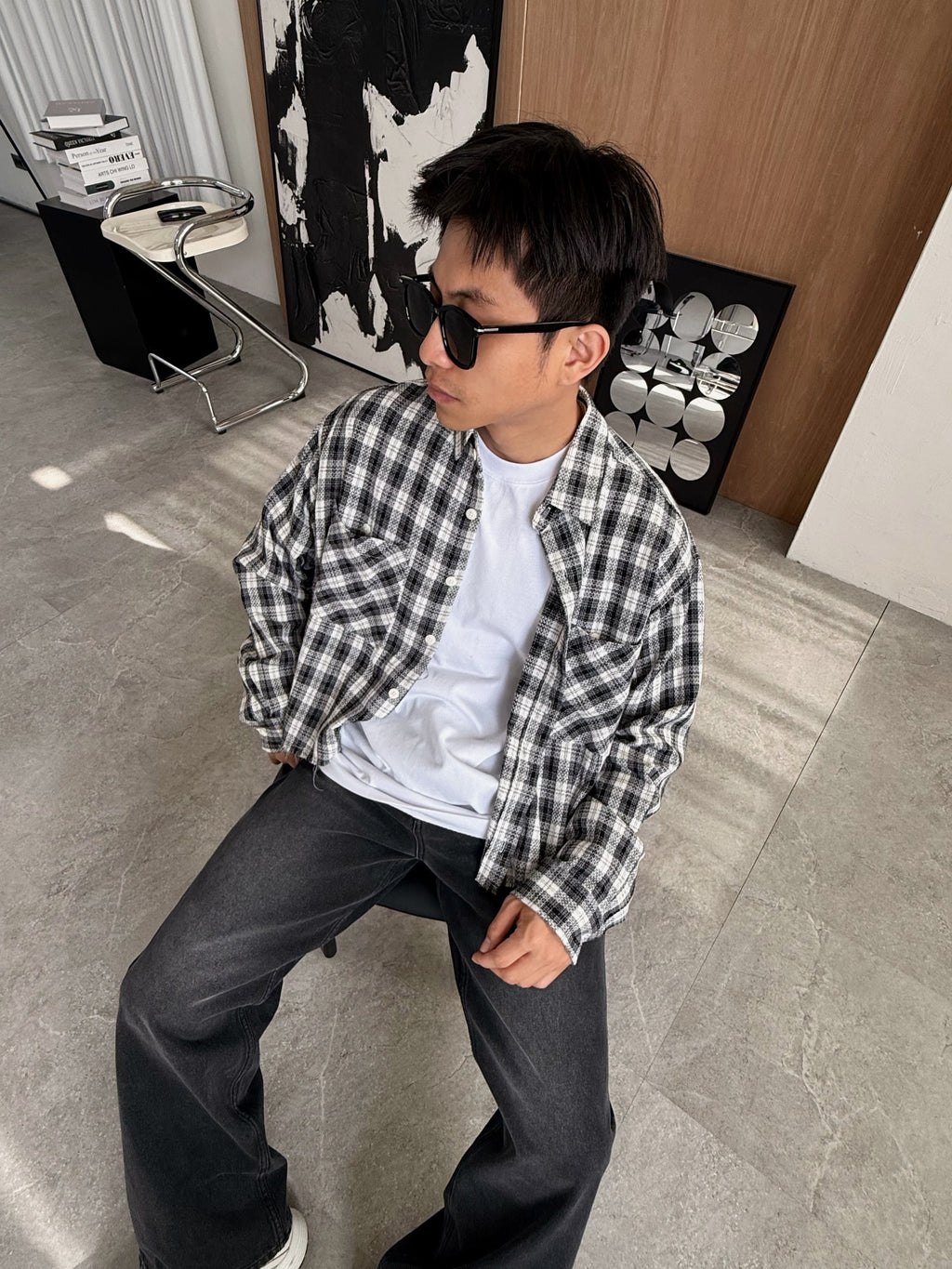 短版針織格紋衫