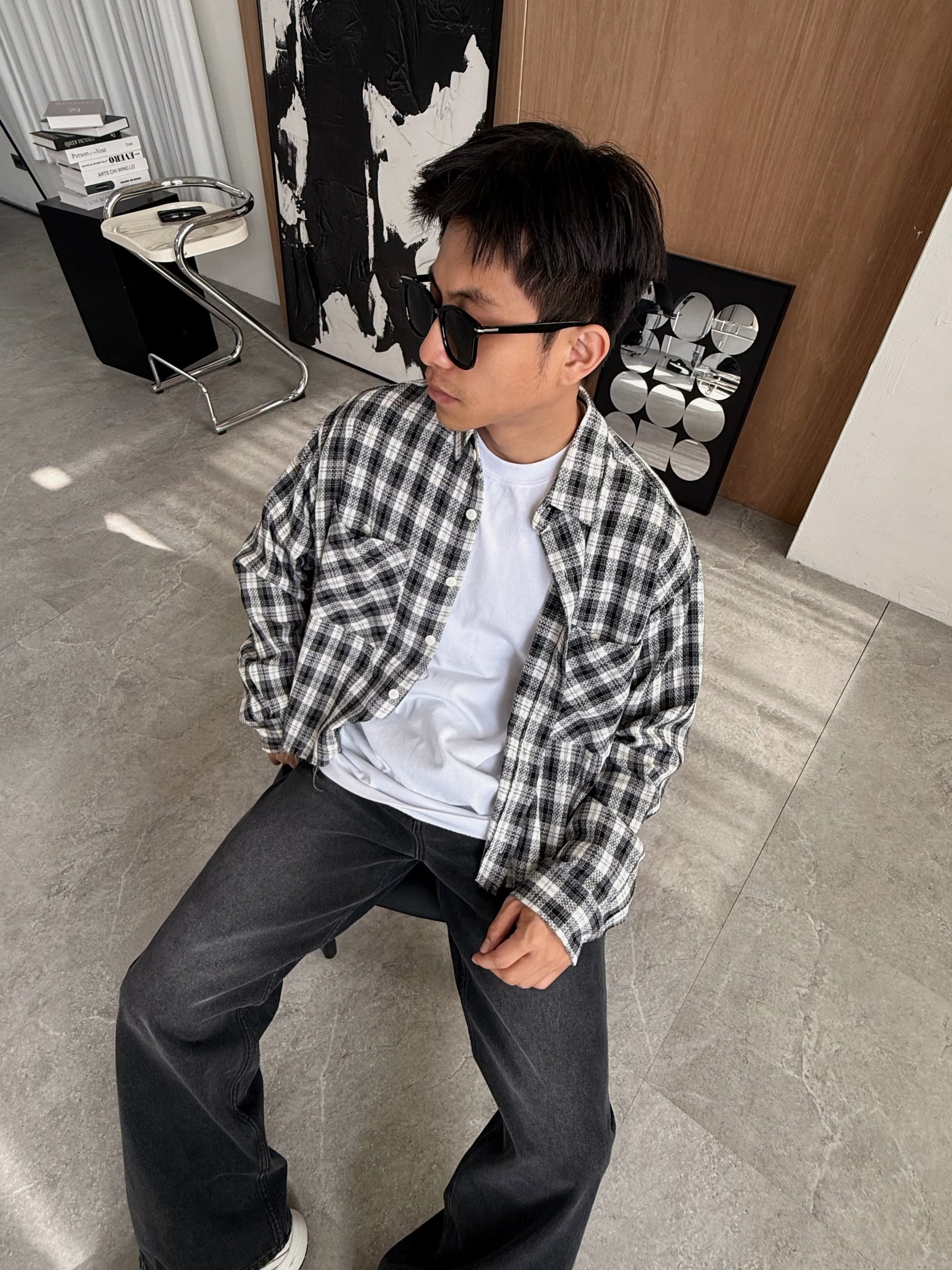 短版針織格紋衫